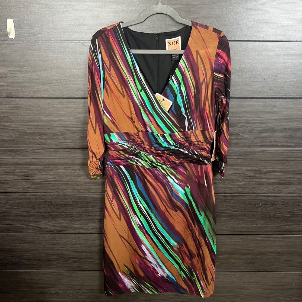 NUE By Shani Women Dress Bodycon Wrap Multicolor Print Size 12 3/4 Sleeve